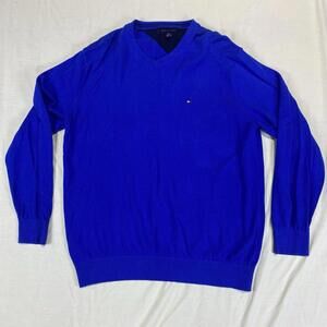Tommy Hilfiger Men's Pullover V-Neck Sweater L Blue Knit Cotton Long Sleeve